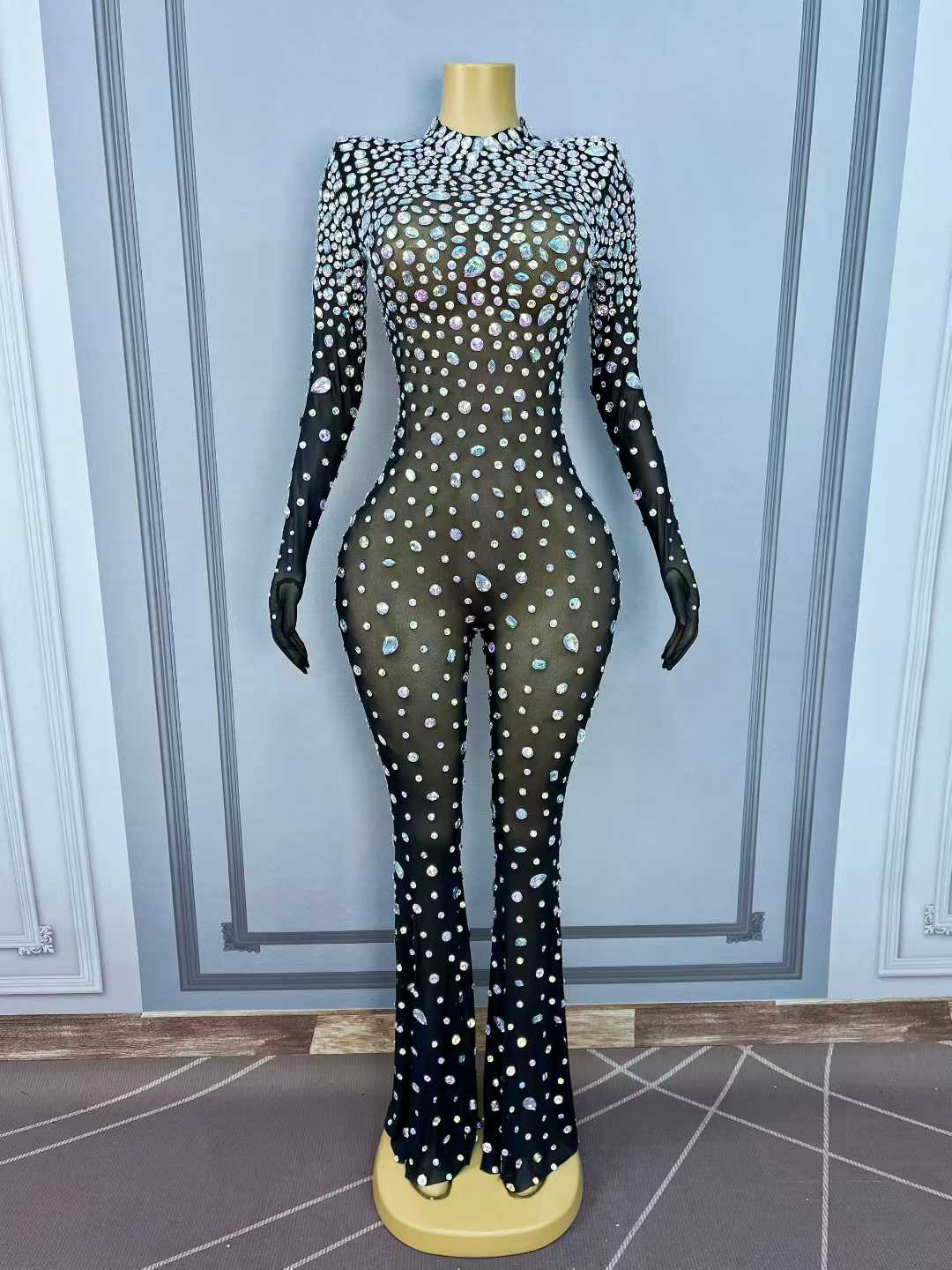 Women'S Semi Formal Evening Wear - Luxury AB Rhinestone Mesh Bodysuit Women
