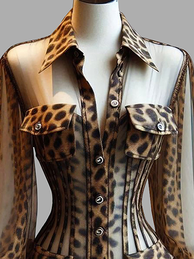 Women's Leopard Print Sheer Co - Women'S Formal Wear Blouse ulasan dan harga