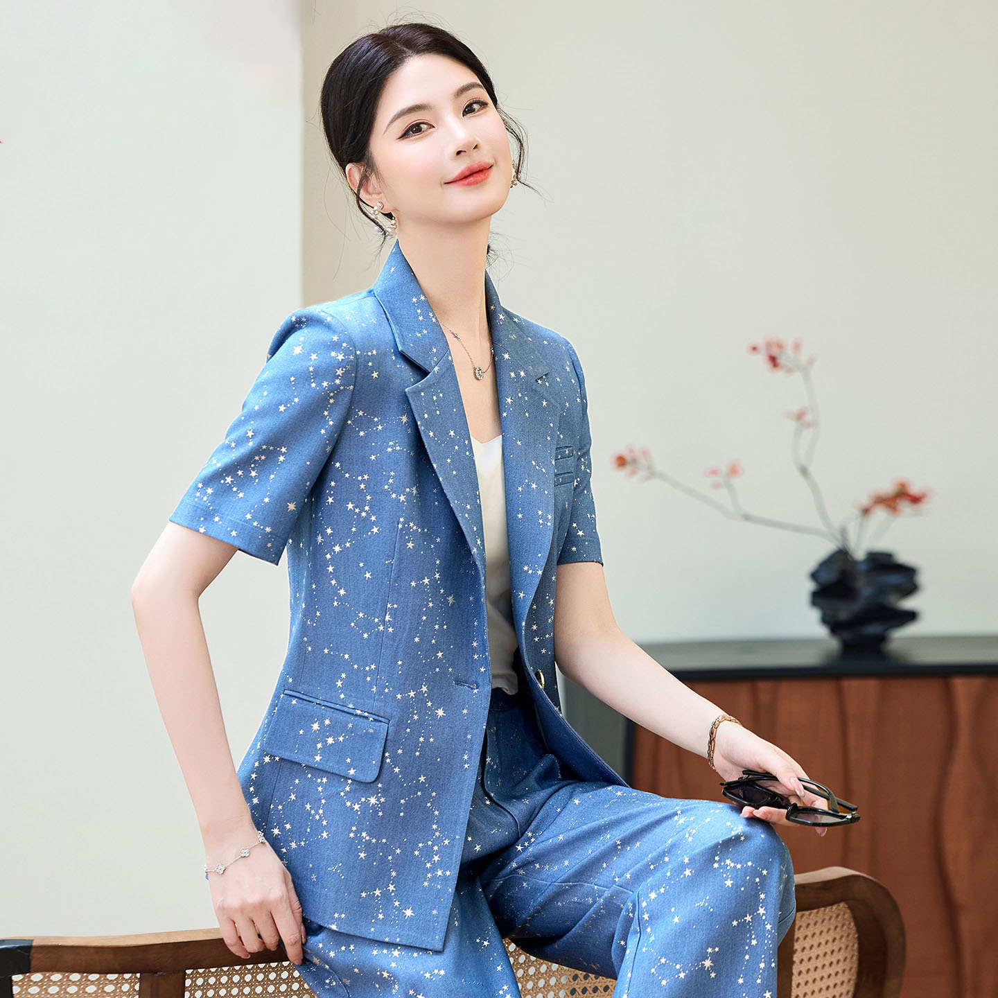 Fashion Blue Yellow Short Slee - Women Formal Wear Blazers ulasan dan harga