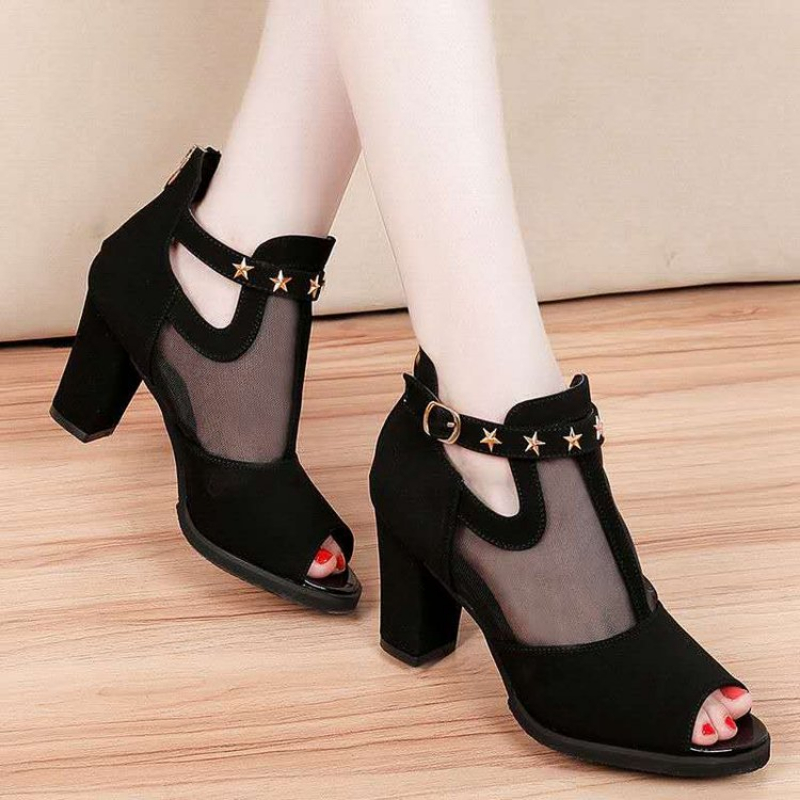 Mesh Peep Toe Block High Heels - Women Formal Wear For Office ulasan dan harga