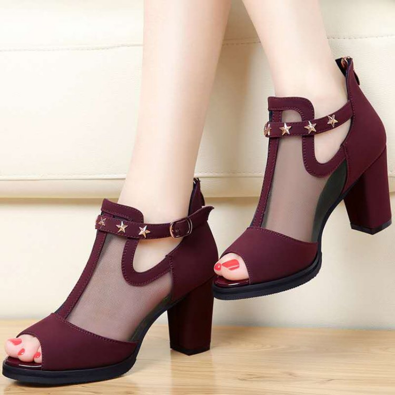 Mesh Peep Toe Block High Heels - Women Formal Wear For Office ulasan dan harga